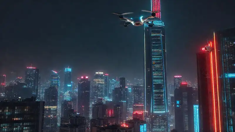 Ciudad futurista, oscura y vigilada